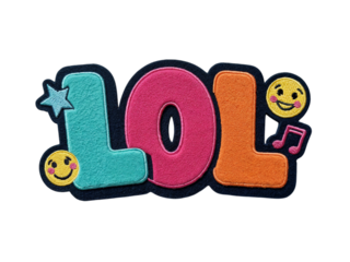 Brightly colored lol letters with fun emojis and music notes isolated on transparent background