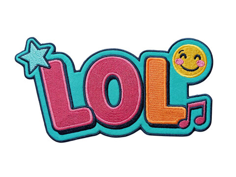 Brightly colored lol letters with a star and laughing emoji isolated on transparent background