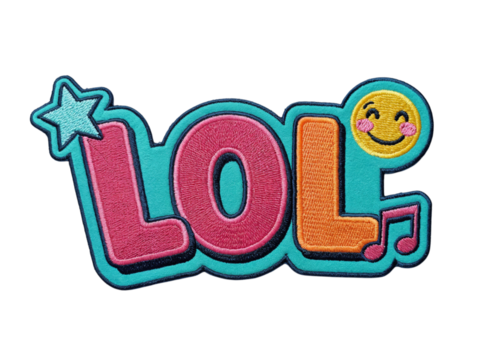 Brightly colored lol letters with a star and laughing emoji isolated on transparent background