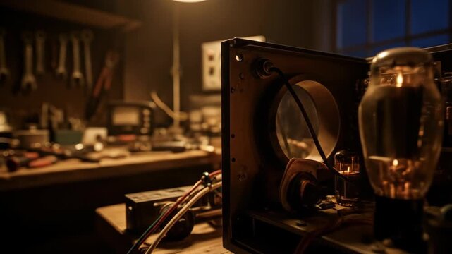 Vintage radio amplifier with illuminated tubes on workbench in dim light. Antique electronics, technology, circuit, old, equipment.