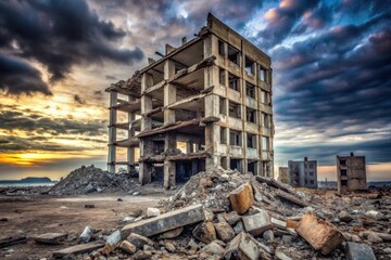 Fototapeta premium Ruined Concrete Structure at Sunset A Post-Apocalyptic Scene of Dereliction and Decay