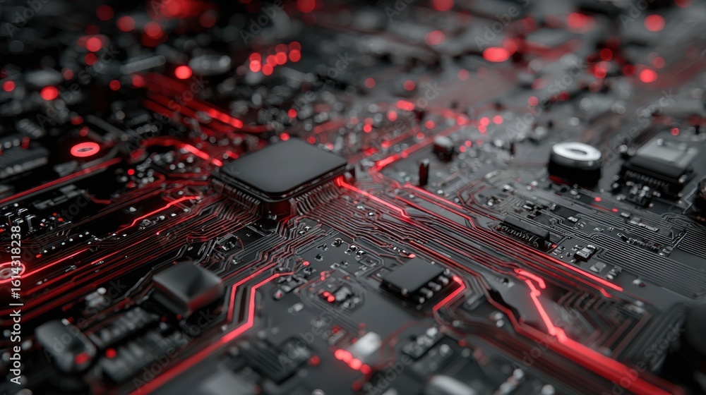 Poster detailed circuit board with glowing red lines technology computer
