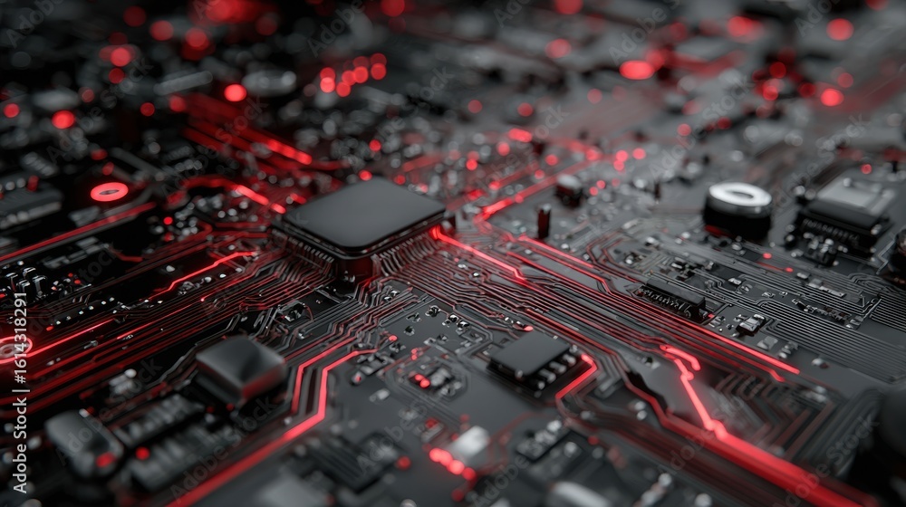 Aufkleber detailed circuit board with glowing red lines technology computer