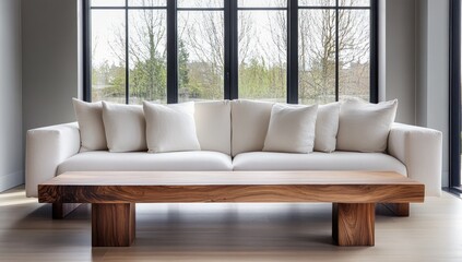 Elegant interior featuring a modern white sofa and a unique wooden coffee table creating a serene and inviting living space