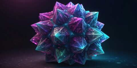 A luminescent geometric crystal formation with vibrant neon hues on a dark background