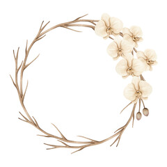 Watercolor floral wreath illustration in boho style on white background with beige orchid and dried branches for wedding, invitation, cards, backdrop, decoration, romantic events, wallpapers
