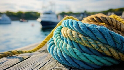 Close-up of colorful nautical ropes on a wooden dock in a harbor setting