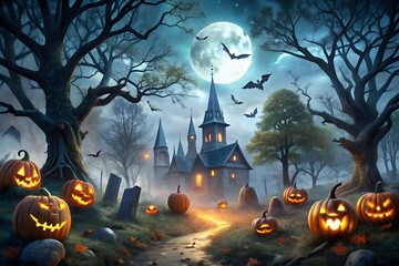 A spooky halloween scene with a haunted castle, glowing pumpkins, and tombstones under a full moon and foggy sky