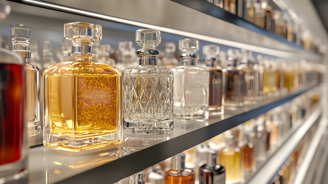 acercamiento de un exhibidor con perfumes o fragancias aromaticas para la belleza corporal para su venta consumismo de lujo 