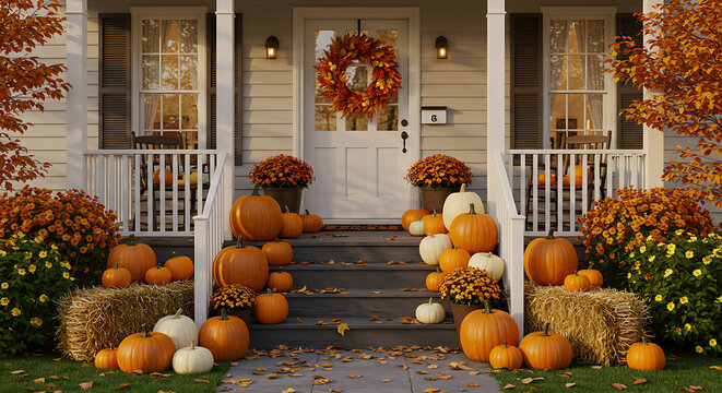 A charming autumn scene featuring a porch decorated with pumpkins, wreaths, and fall foliage.
