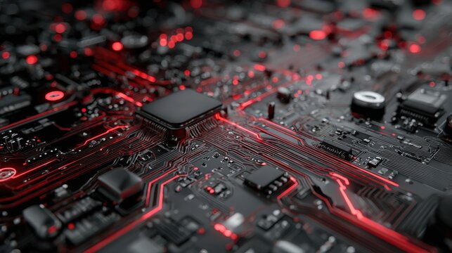 Detailed circuit board with glowing red lines technology computer