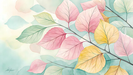 A delicate watercolor painting of pastel pink, green, and yellow leaves on a branch, creating a soft and artistic background