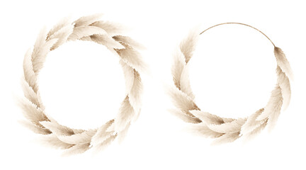 Watercolor floral wreath illustration set in boho style on white background with pampas grass, dried flowers, leaves and branches, golden frame template for wedding, invitation, cards, backdrop, decor