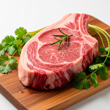 raw steak with Herbs on Cutting Board on white background. Bisteca crua 