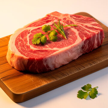 raw steak with Herbs on Cutting Board on white background. Bisteca crua 