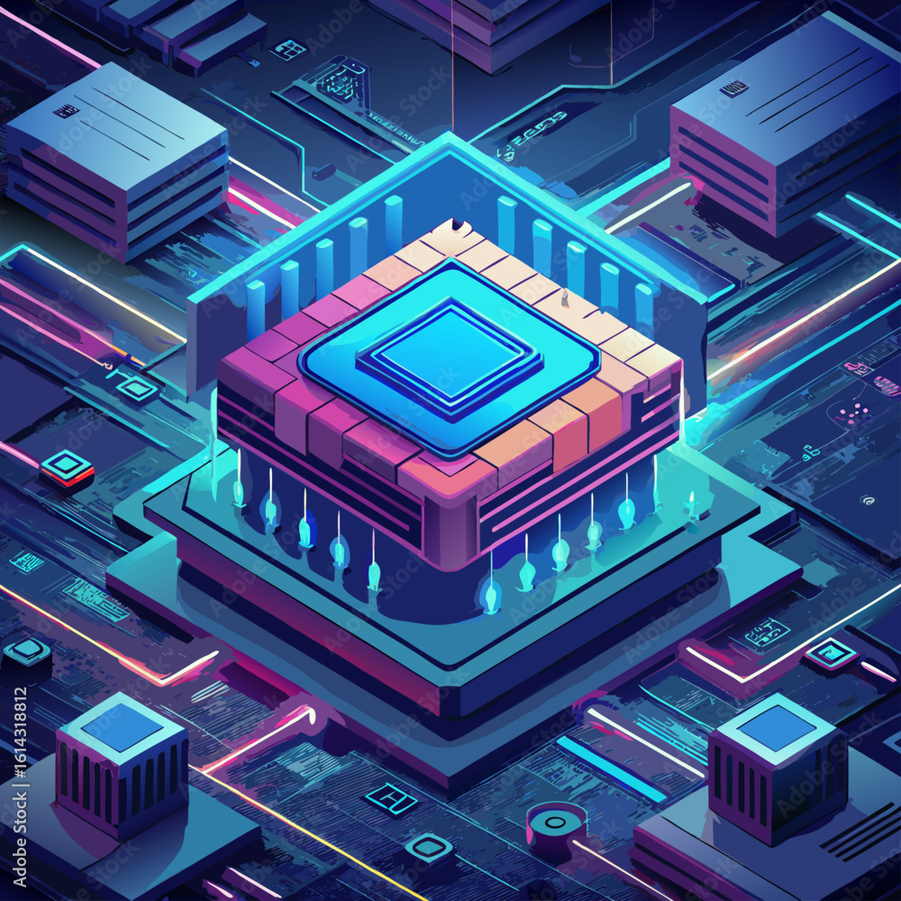 Poster futuristic isometric view of a glowing central processor unit on a complex digital circuit board wit