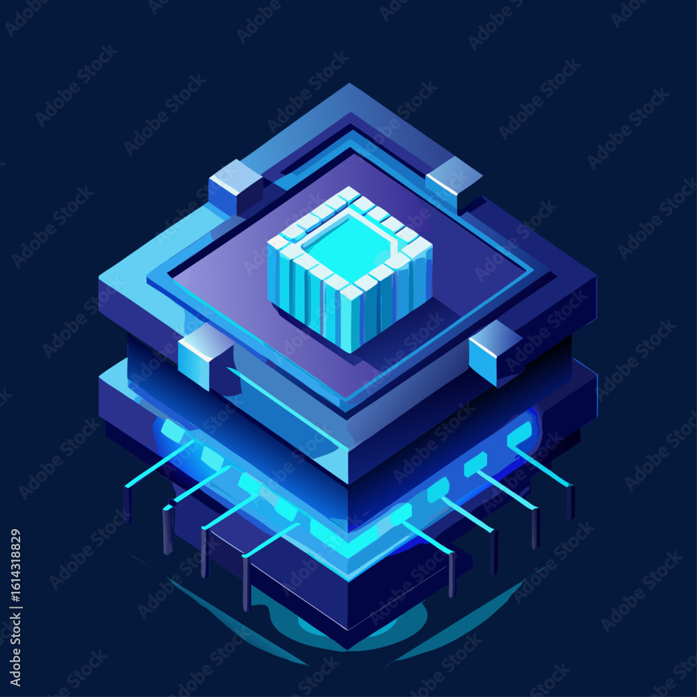 Poster abstract isometric illustration of a glowing blue computer processor chip with interconnected circui