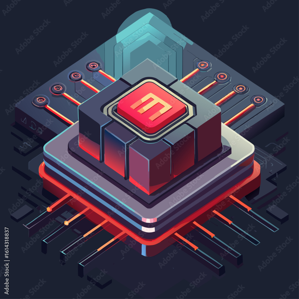 Poster futuristic isometric illustration of a glowing central processor unit with intricate circuitry and g