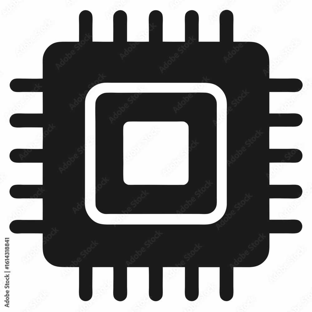 Poster black icon of a computer processor chip with multiple pins on a white background