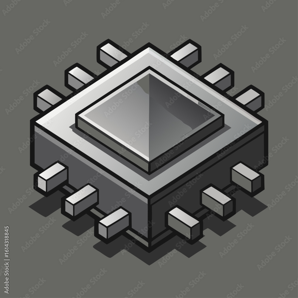 Poster isometric illustration of a modern computer processor chip with multiple pins on a grey background