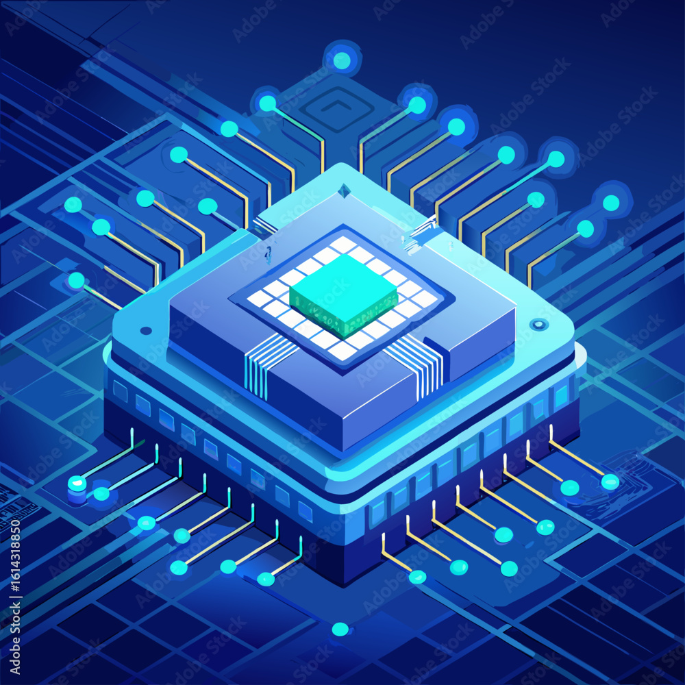Poster advanced microprocessor and futuristic circuit board with glowing blue connections