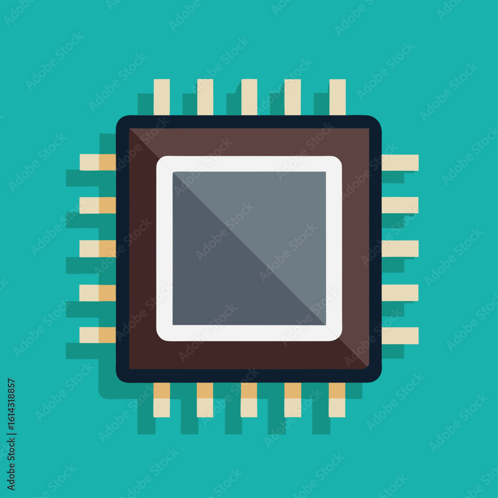 Poster stylized flat design illustration of a computer microprocessor chip with pins