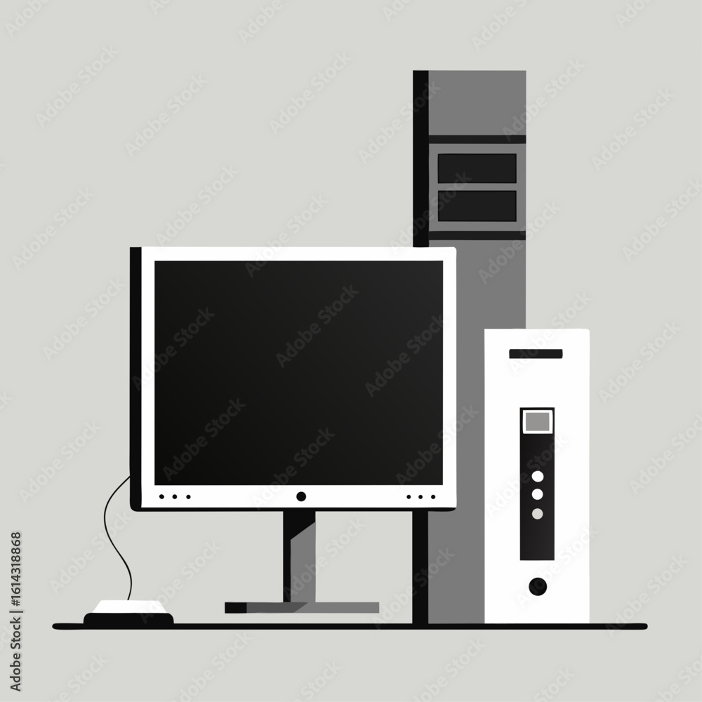 Poster modern desktop computer setup with monitor tower and mouse on a gray background