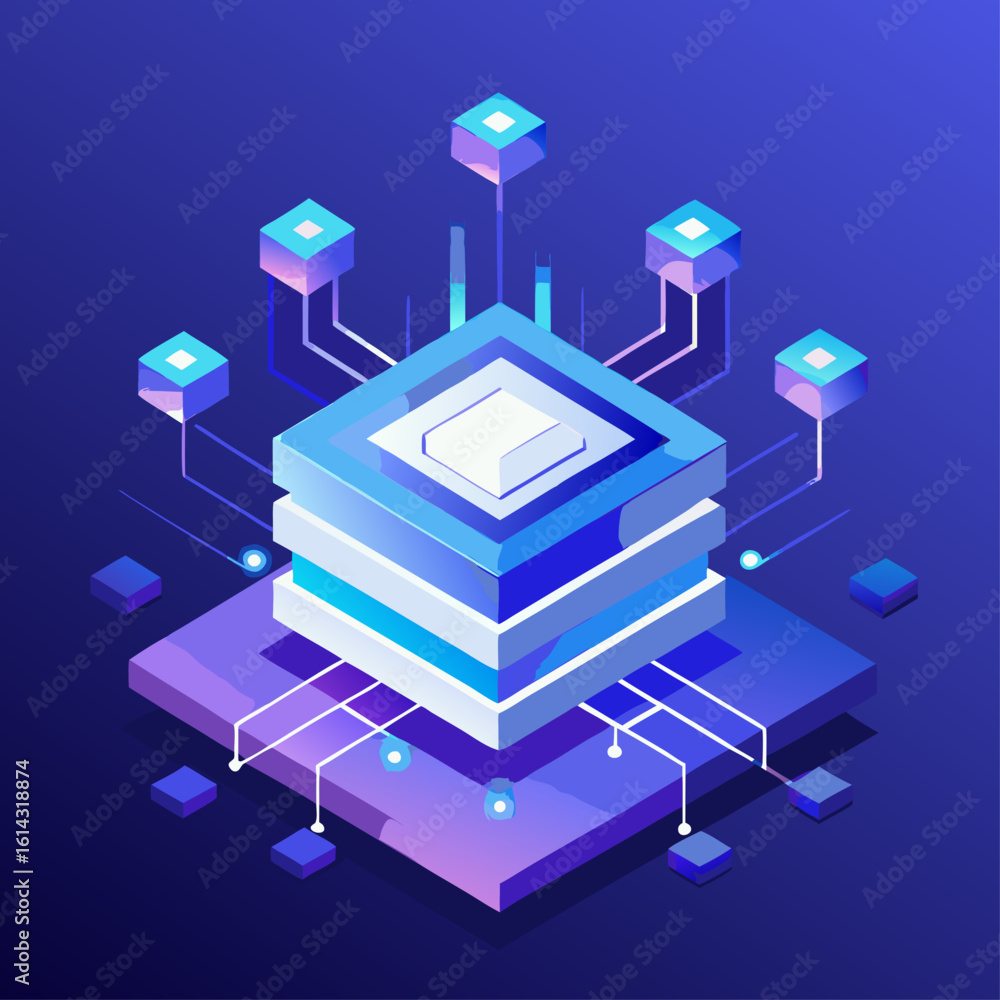 Poster abstract isometric illustration of a futuristic data server with glowing connections and interconnec
