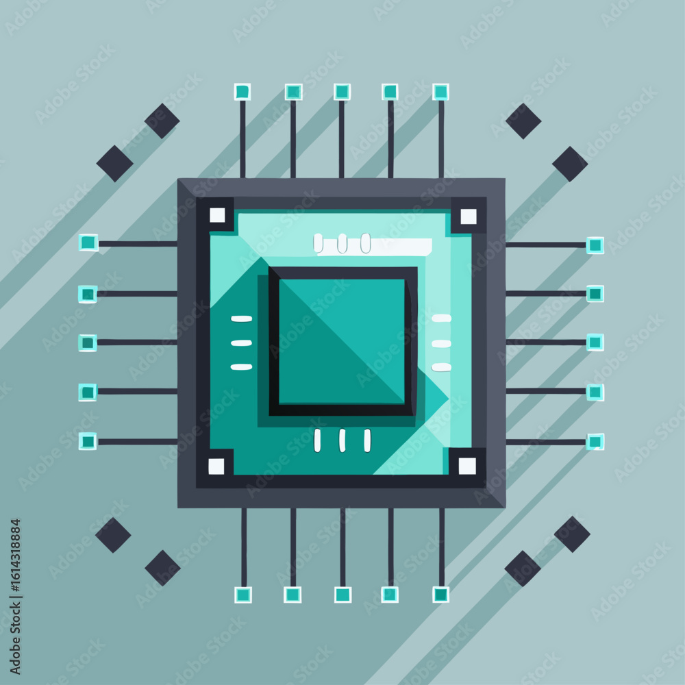 Poster flat design illustration of a central processing unit chip with radiating pins and circuit elements