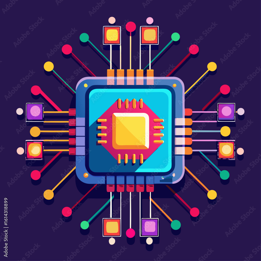 Poster stylized illustration of a central computer processor with radiating colorful connections and nodes