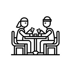 Fototapeta premium Two people sitting at a table playing a card game with dice in a simple black and white line drawing
