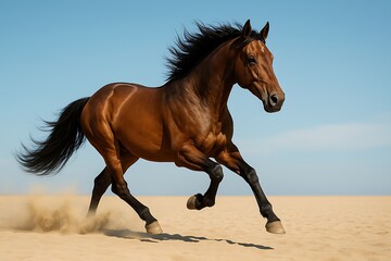 Ultra-Realistic Brown Horse Galloping on Sandy Field Under Blue Sky with Motion Blur and Soft Shadows