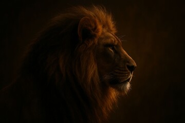 Fototapeta premium Majestic Lion Side Profile Portrait with Golden Rim Light in Cinematic Style