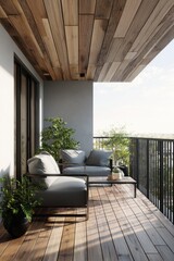 Modern balcony with wooden ceiling and gray seating