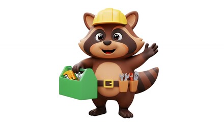 Cartoon raccoon character holding toolbox
