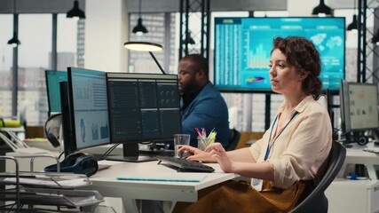 Female business analyst leverages insights and report writing for forecast results and corporate development, utilizing financial data charts for strategic alignment with objectives. Camera B.