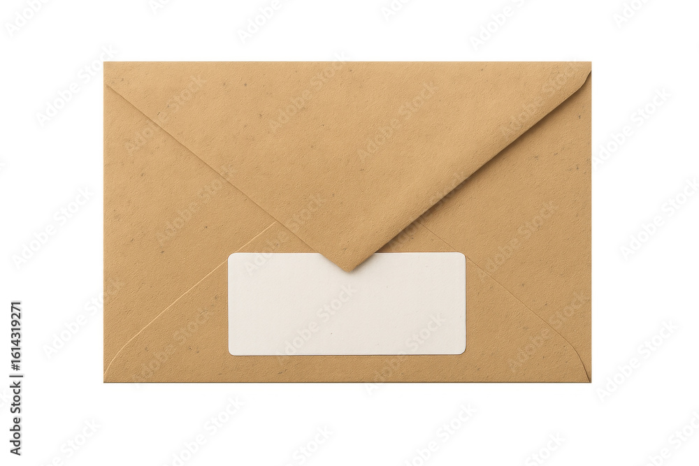 Poster kraft paper envelope displaying blank white label, transparent background highlighting minimal maili