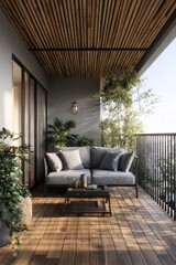 Modern balcony with light-gray sectional, wooden deck, and bamboo ceiling