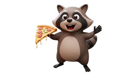 Fototapeta premium Cartoon raccoon holding pizza slice