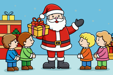 Fototapeta premium Vector Santa giving presents to children