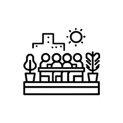 Naklejka premium Illustration of people sitting at a table with plants, city skyline, and sun in the background scenery