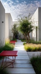 Modern courtyard with red benches, light-colored walls, and lush greenery