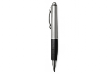 Silver and black ballpoint pen resting on clean white surface, showcasing sleek metallic design with minimalist styling