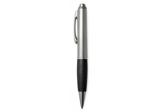 Silver and black ballpoint pen resting on clean white surface, showcasing sleek metallic design with minimalist styling