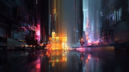 Obraz premium Abstract cityscape with glowing lights and reflections image