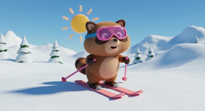 Cartoon raccoon skiing in snowscape illustration