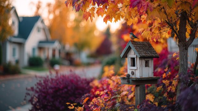 Small Bird on a Birdhouse in Autumnal Neighborhood