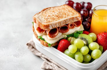 Plakat Healthy and nutritious lunch box featuring a sandwich, fresh fruit, and juice, perfect for back to school meals