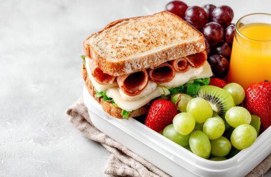 Healthy and nutritious lunch box featuring a sandwich, fresh fruit, and juice, perfect for back to school meals - Powered by Adobe
