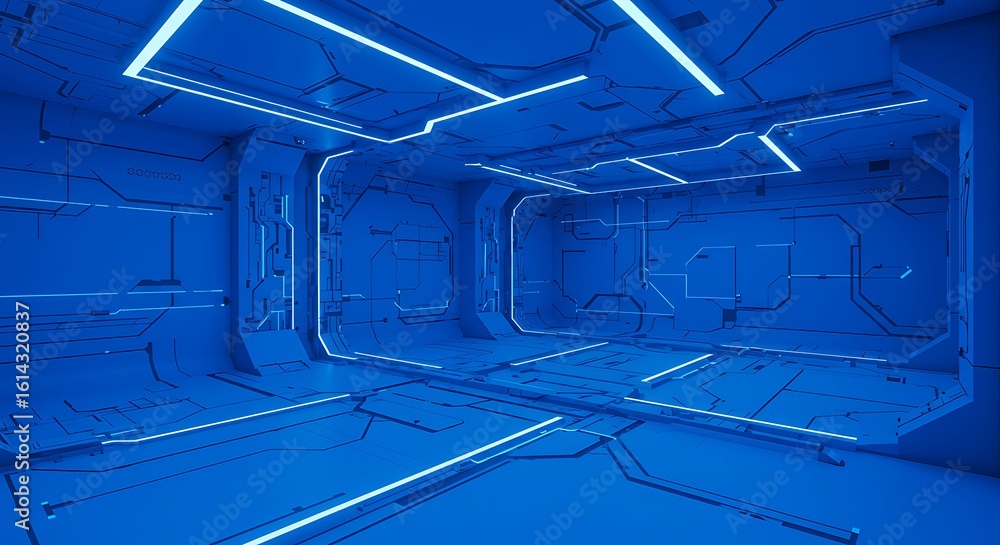 Poster empty room with blue extension line builds the vector background of technological space sense